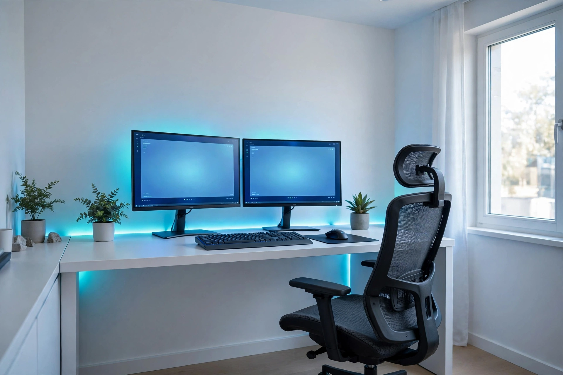 Modern home office and gaming setup with cool blue glow